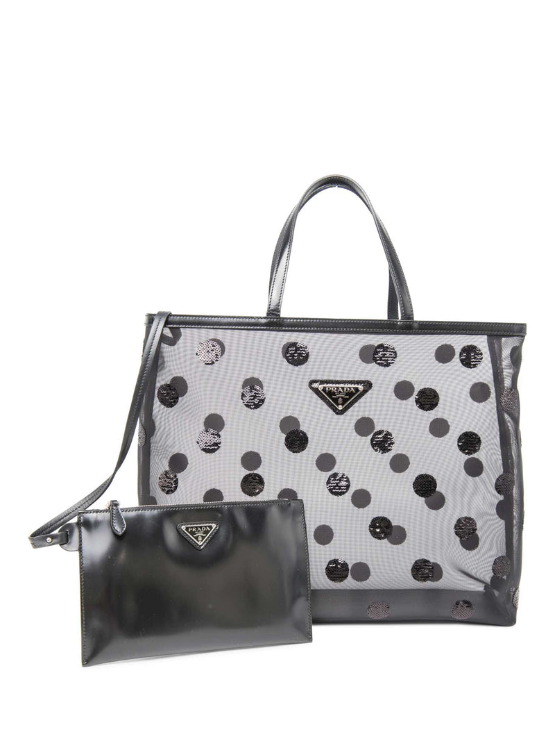 Prada Logo Mesh Polka Dot Sequin Tote Bag Black