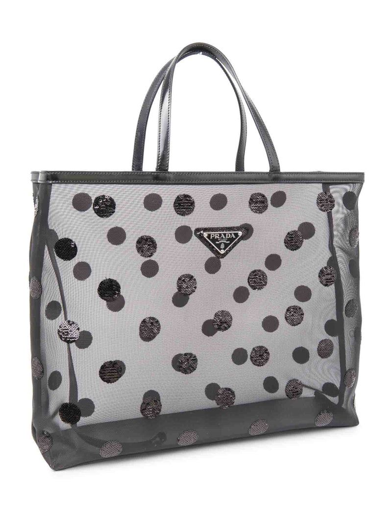 Prada Logo Mesh Polka Dot Sequin Tote Bag Black