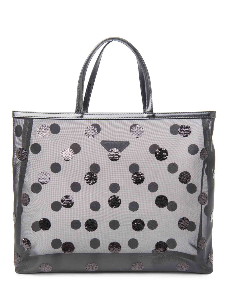 Prada Logo Mesh Polka Dot Sequin Tote Bag Black