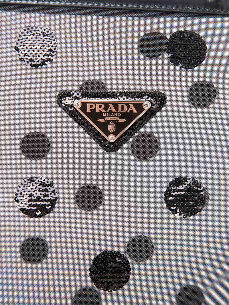 Prada Logo Mesh Polka Dot Sequin Tote Bag Black