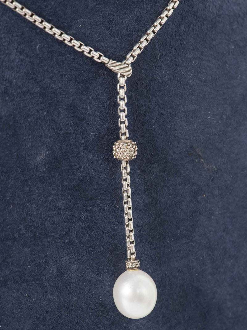 David Yurman Diamond Sterling Silver Pearl Drop Pendant Necklace-designer resale