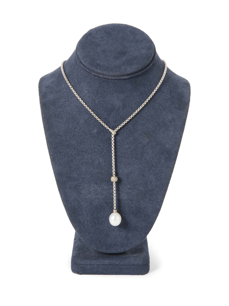 David Yurman Diamond Sterling Silver Pearl Drop Pendant Necklace-designer resale