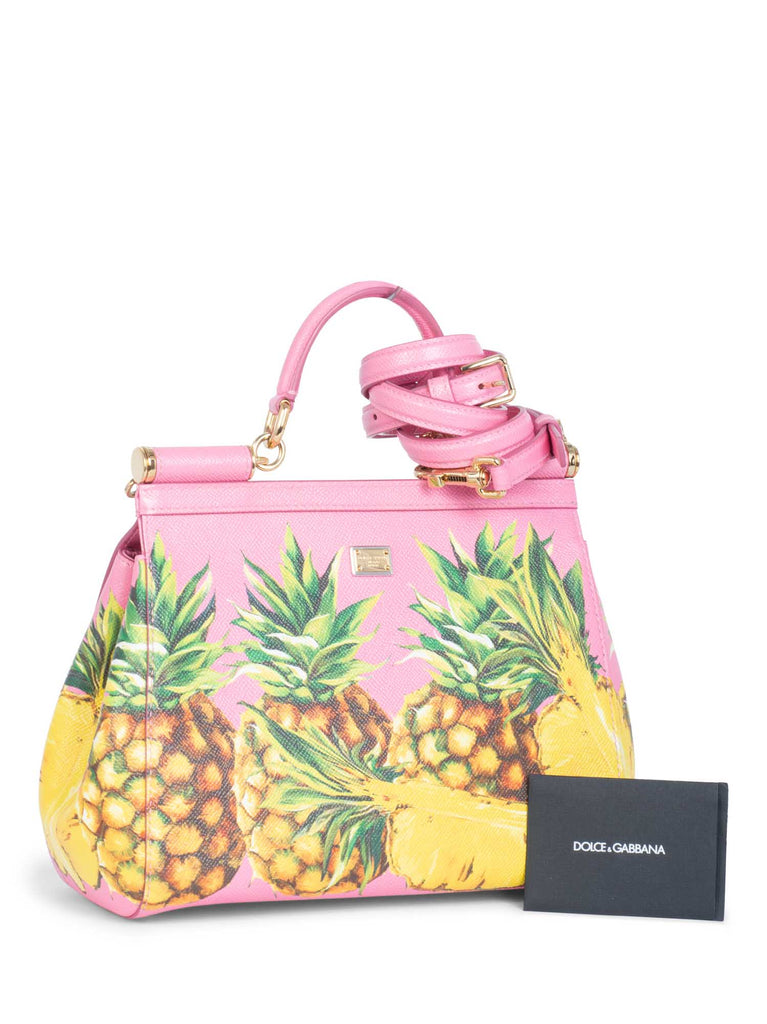Dolce & Gabanna Logo Pineapple Leather Miss Sicily Bag Pink Yellow-designer resale