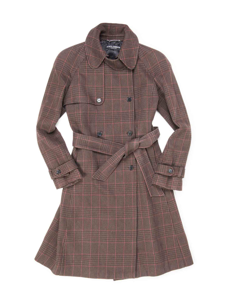 Dolce & Gabbana Logo Belted Plaid Trench Coat Brown-designer resale