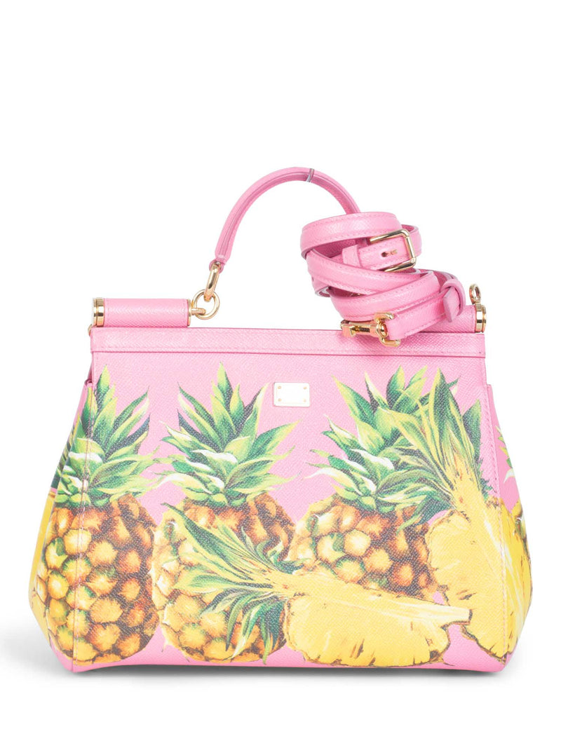 Dolce & Gabbana Logo Pineapple Leather Miss Sicily Bag Pink Yellow-designer resale