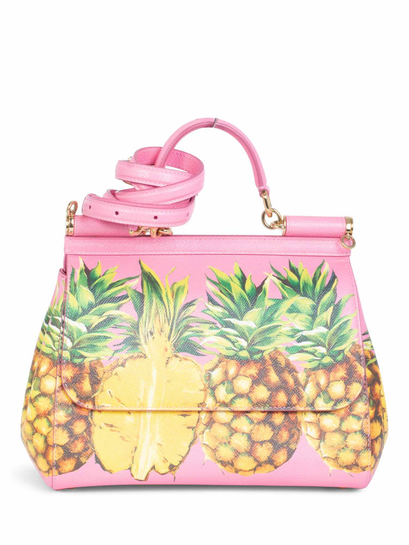 Dolce & Gabbana Logo Pineapple Leather Miss Sicily Bag Pink Yellow-designer resale