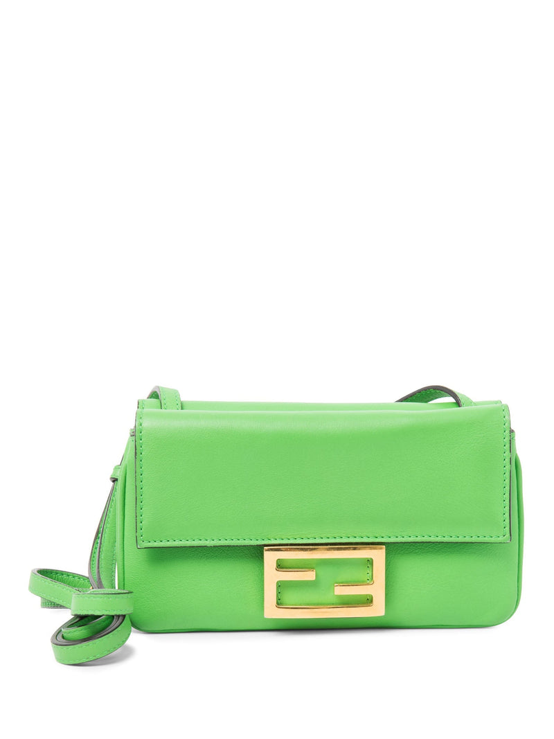 Fendi FF Logo Leather Double Flap Messenger Bag Green-designer resale