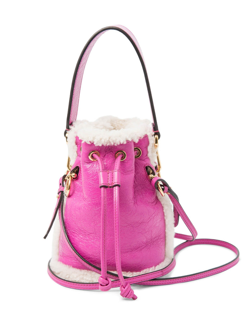 Fendi FF Logo Leather Shearling Mon Tresor Mini Bucket Bag Pink Gold-designer resale