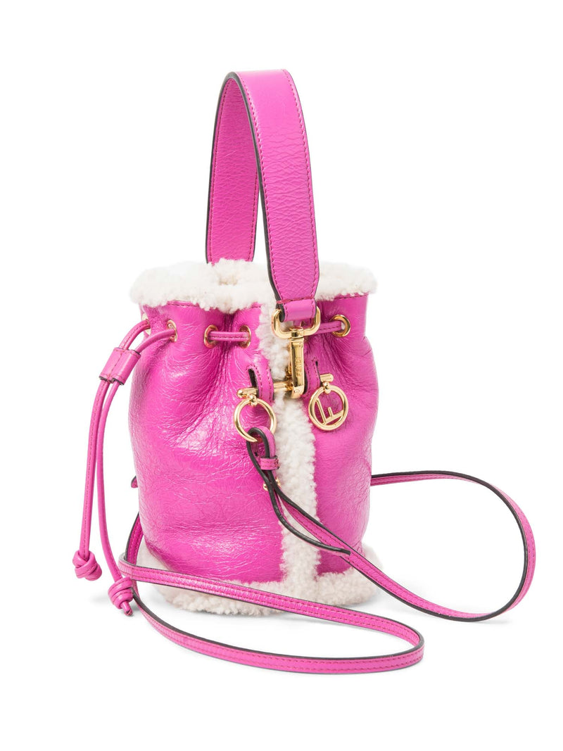 Fendi FF Logo Leather Shearling Mon Tresor Mini Bucket Bag Pink Gold-designer resale