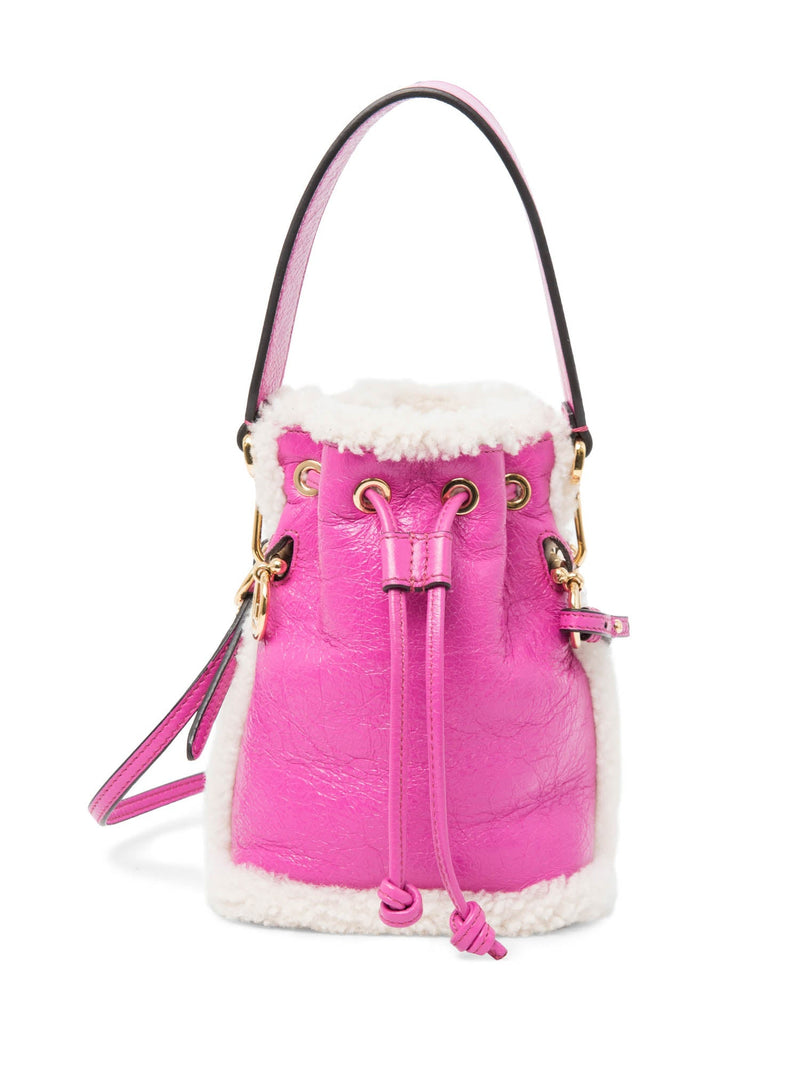 Fendi FF Logo Leather Shearling Mon Tresor Mini Bucket Bag Pink Gold-designer resale