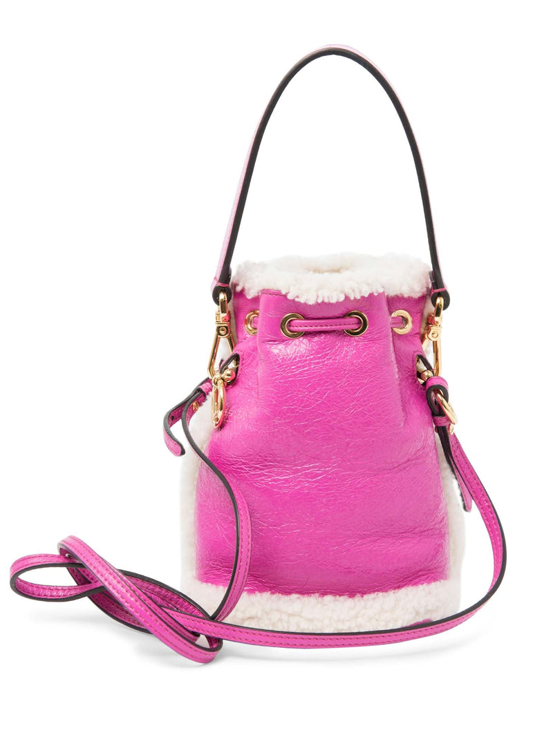 Fendi FF Logo Leather Shearling Mon Tresor Mini Bucket Bag Pink Gold-designer resale