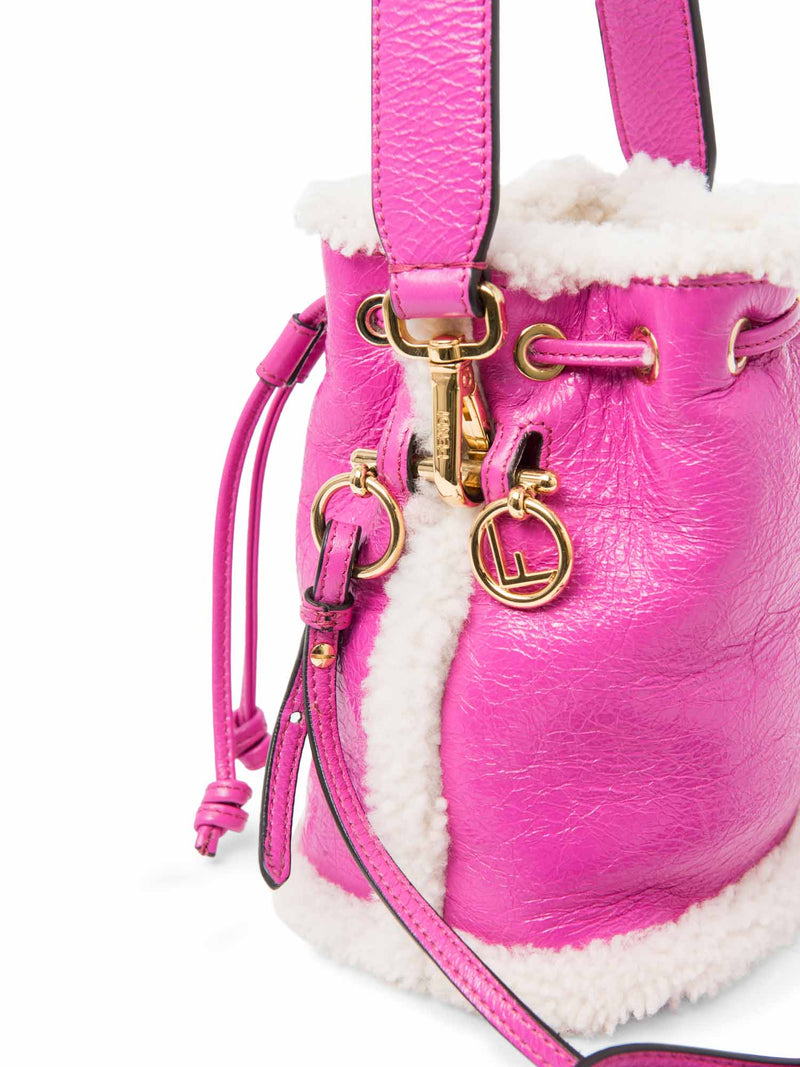 Fendi FF Logo Leather Shearling Mon Tresor Mini Bucket Bag Pink Gold-designer resale