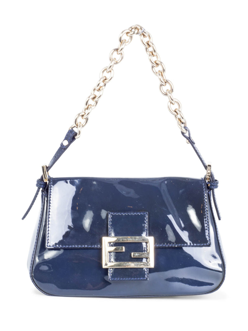 Fendi FF Logo Patent Leather Mini Flap Bag Navy Blue-designer resale