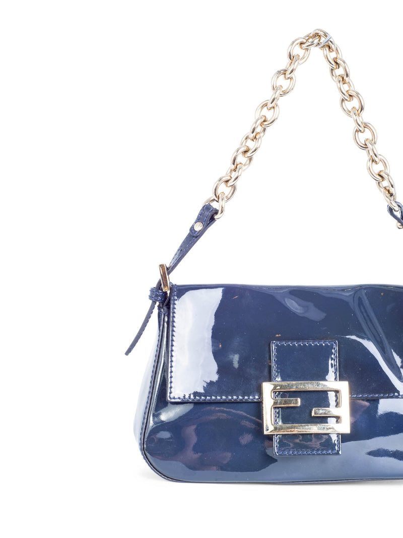 Fendi FF Logo Patent Leather Mini Flap Bag Navy Blue-designer resale