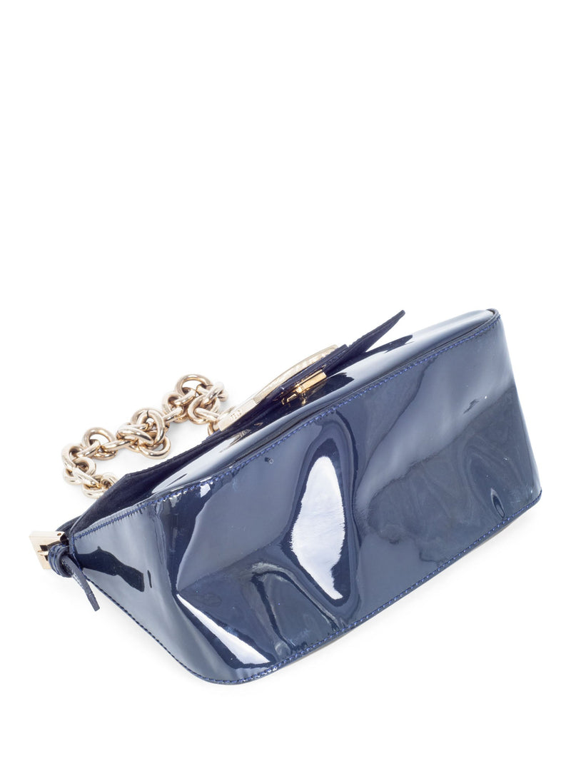 Fendi FF Logo Patent Leather Mini Flap Bag Navy Blue-designer resale