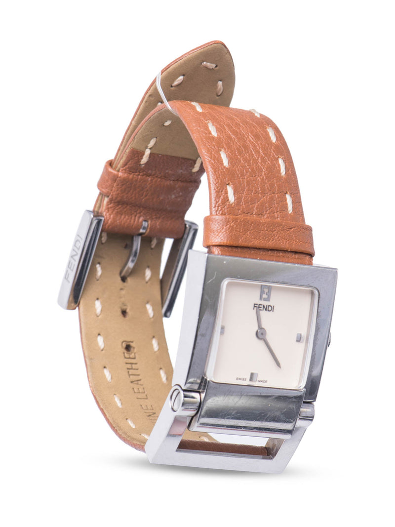 Fendi FF Logo Salleria Leather Watch Brown-designer resale