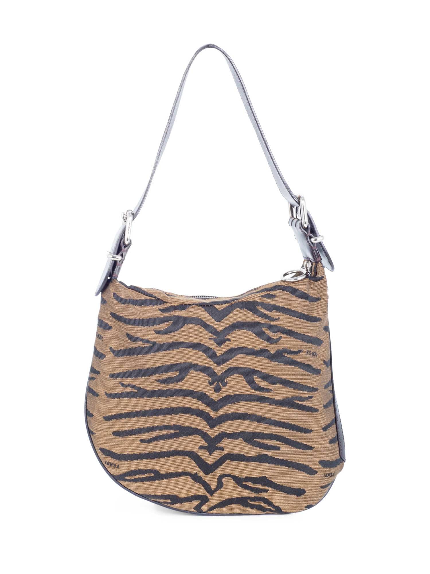 Fendi Logo Leather Canvas Animal Print Hobo Bag Brown