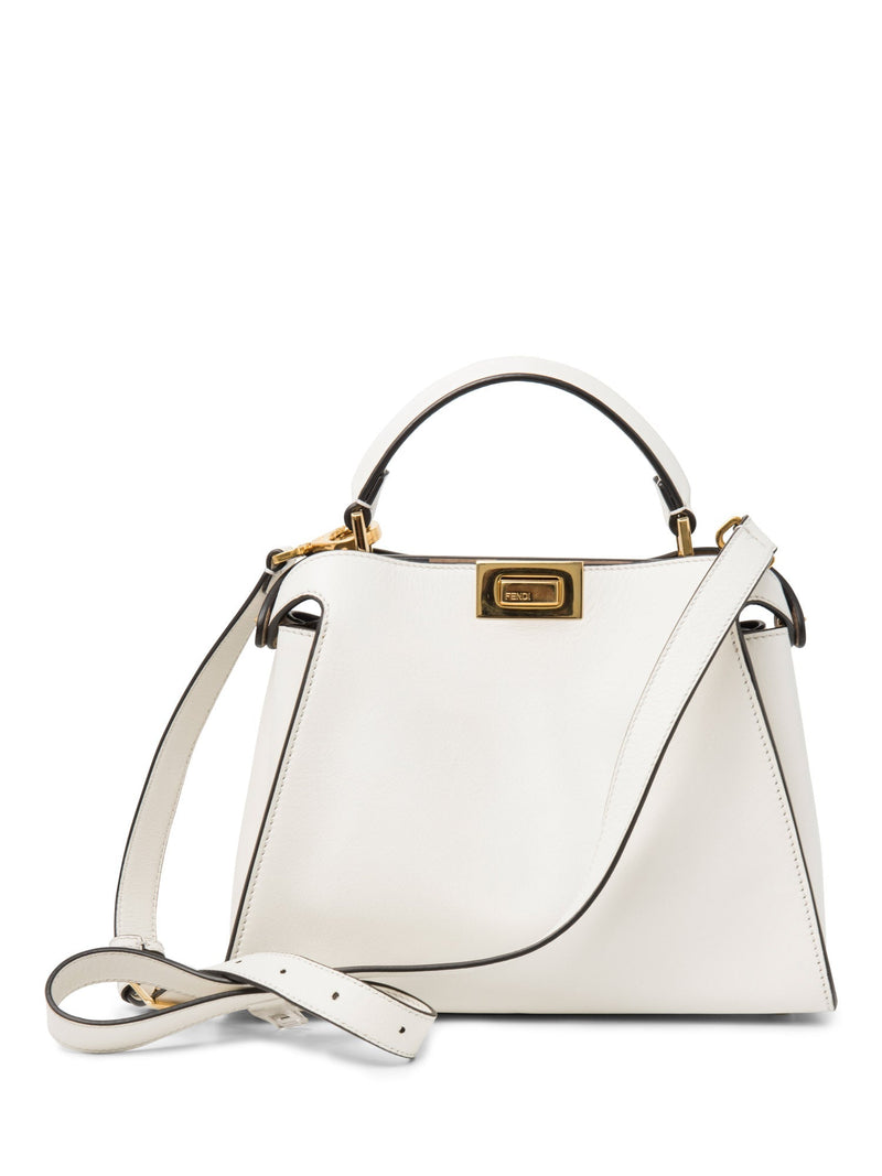 Fendi Logo Leather Top Handle Peekaboo Bag White Small