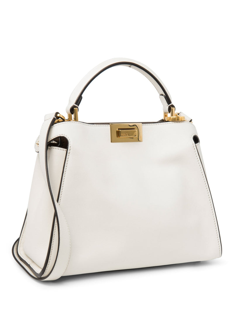 Fendi Logo Leather Top Handle Peekaboo Bag White Small