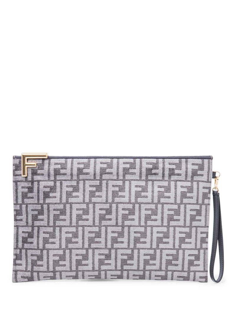 Fendi Unisex Zucca Zippered Large Clutch Grey Gold-designer resale