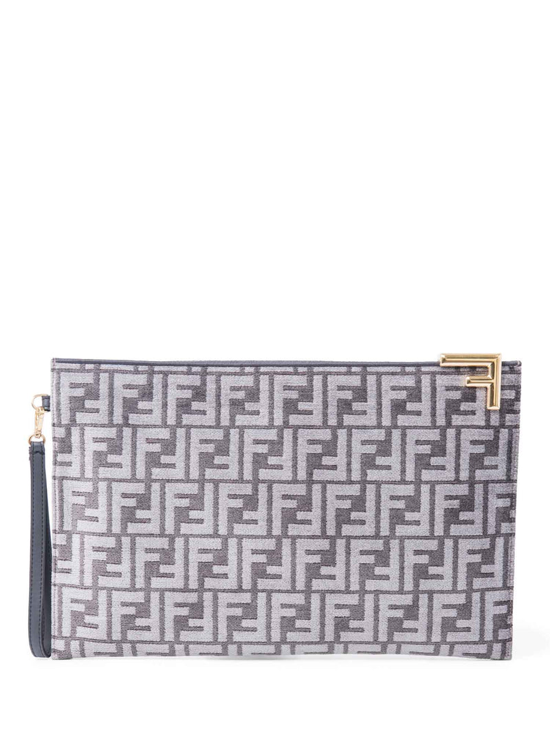 Fendi Unisex Zucca Zippered Large Clutch Grey Gold-designer resale