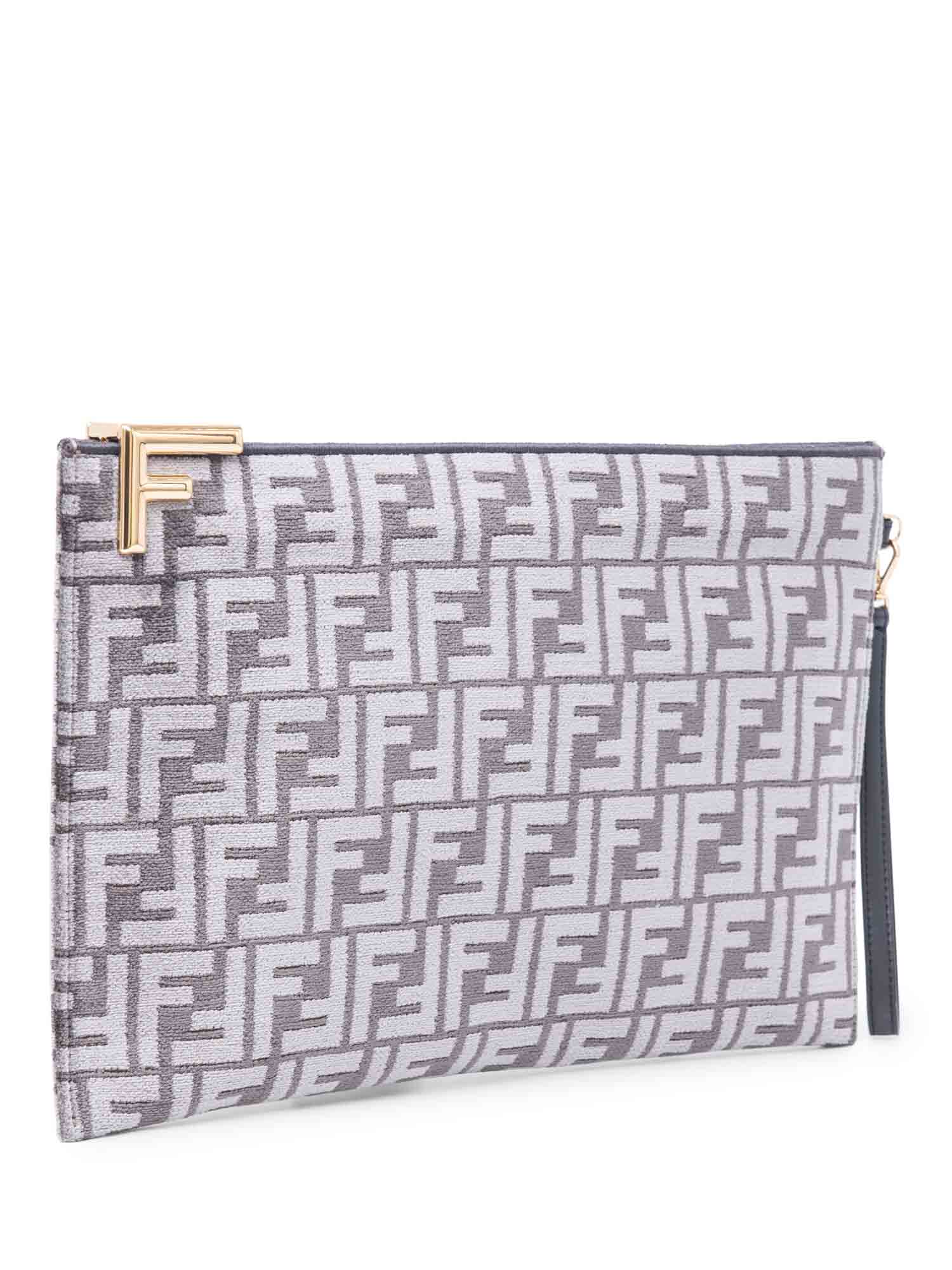 Fendi Unisex Zucca Zippered Large Clutch Grey Gold-designer resale