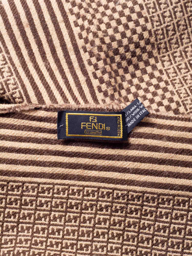 Fendi Wool FF Logo Striped Checked Fringe Scarf Brown-designer resale