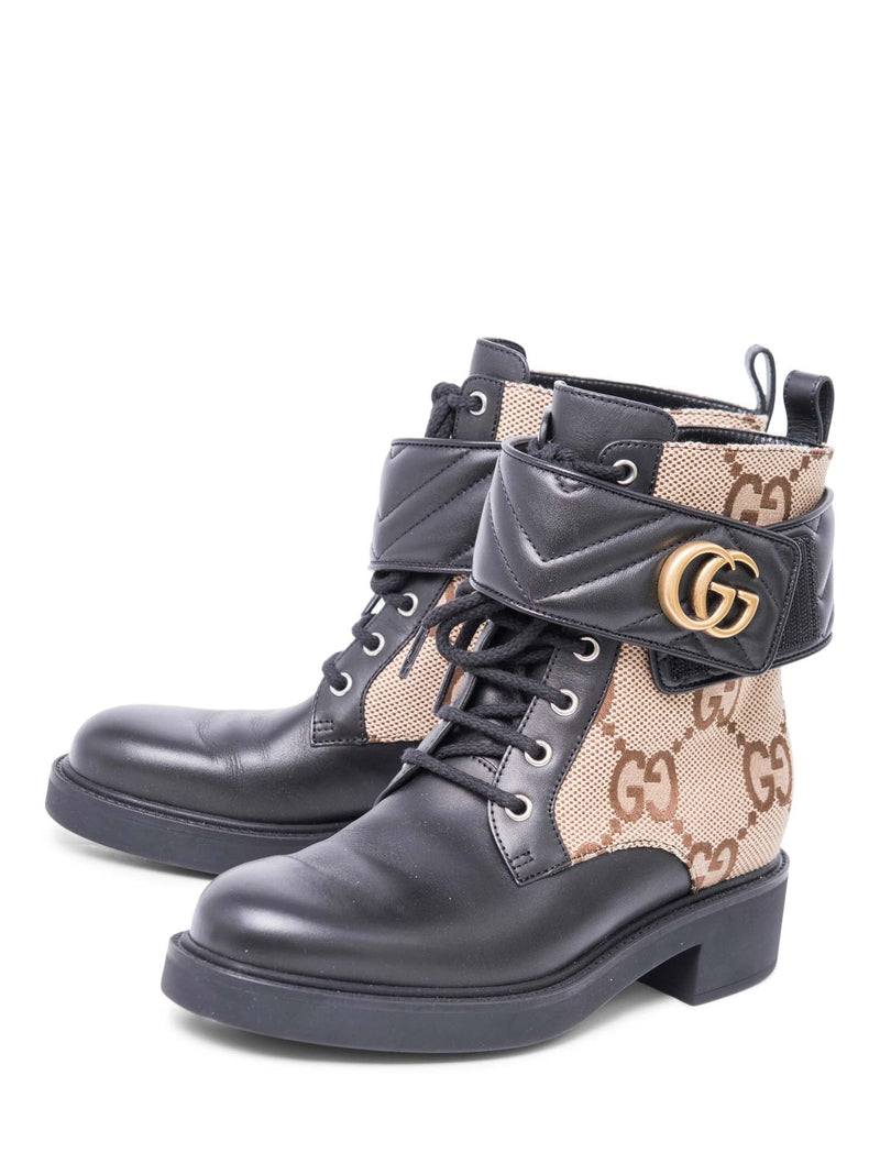 Gucci GG Logo Leather Marmont Moto Boots Black Brown-designer resale