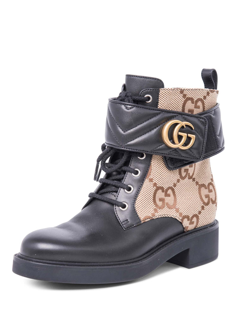 Gucci GG Logo Leather Marmont Moto Boots Black Brown-designer resale