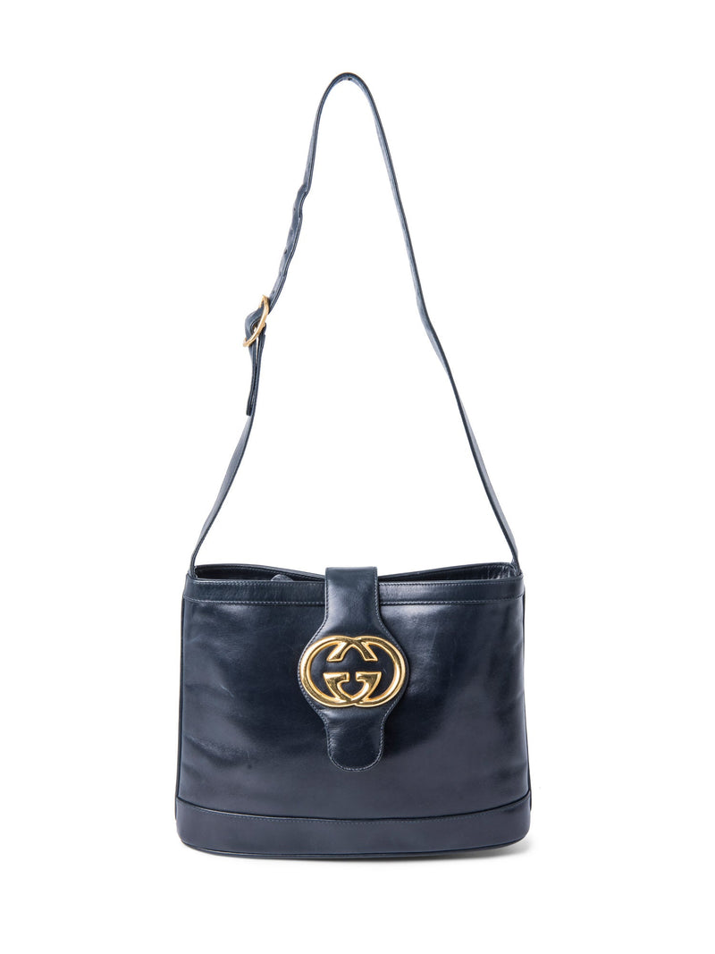 Gucci GG Logo Leather Messenger Bag Navy Blue-designer resale