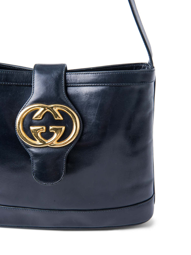 Gucci GG Logo Leather Messenger Bag Navy Blue-designer resale