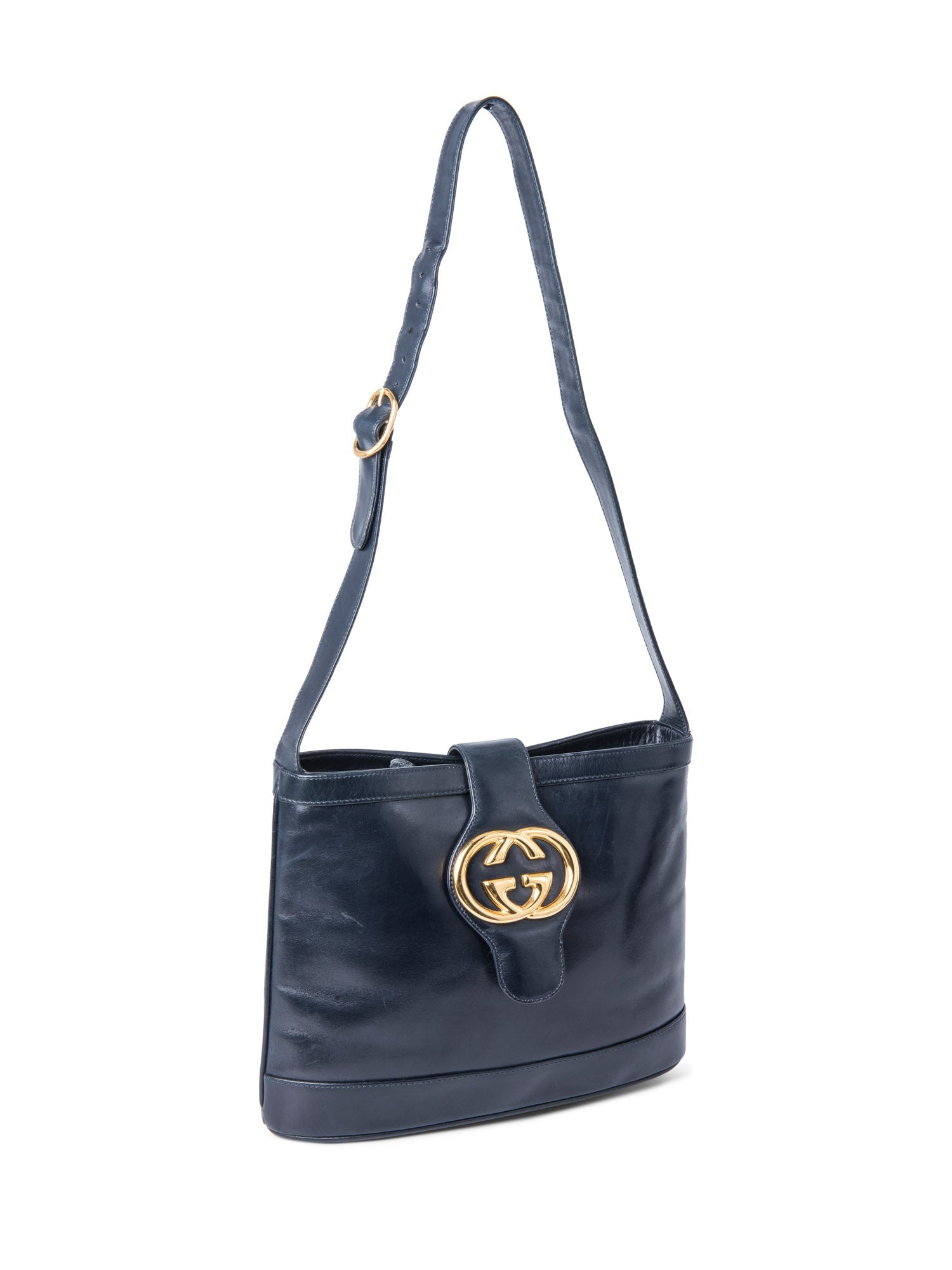 Gucci GG Logo Leather Messenger Bag Navy Blue-designer resale