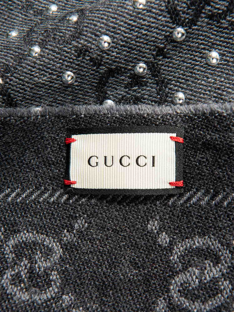 Gucci GG Supreme Wool Studded Fringe Scarf Grey Charcoal Grey-designer resale