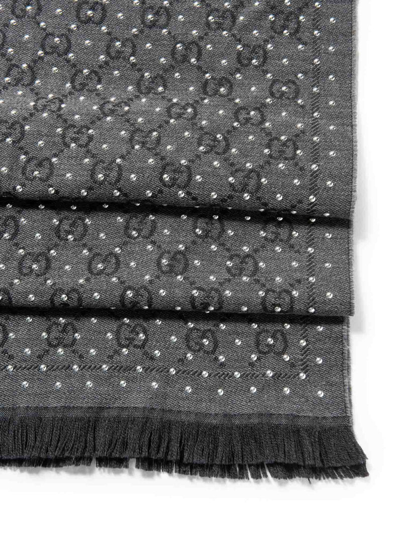 Gucci GG Supreme Wool Studded Fringe Scarf Grey Charcoal Grey-designer resale