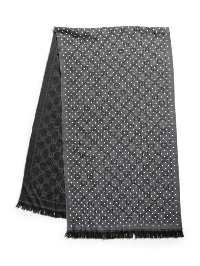 Gucci GG Supreme Wool Studded Fringe Scarf Grey Charcoal Grey-designer resale