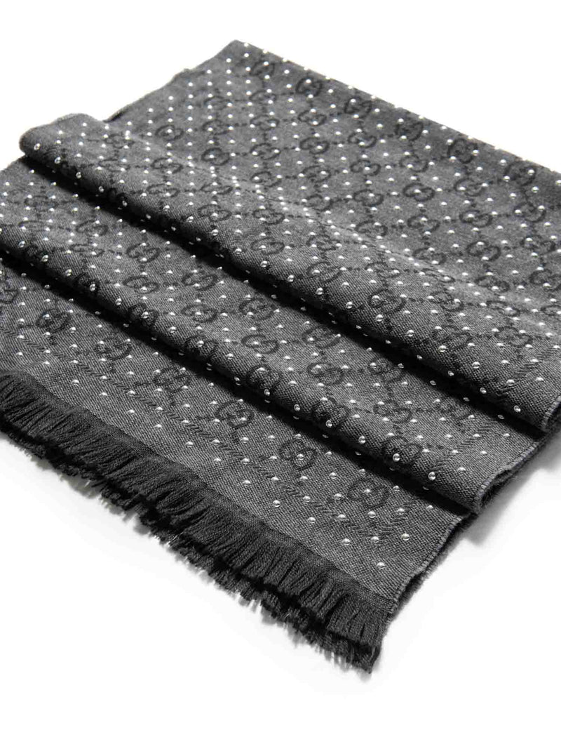 Gucci GG Supreme Wool Studded Fringe Scarf Grey Charcoal Grey-designer resale