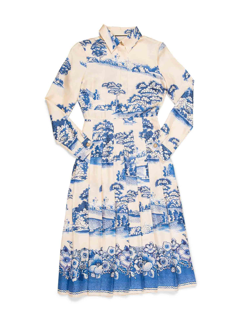 Gucci Logo Silk Pleated Porcelain Garden Midi Dress Ivory Blue-designer resale