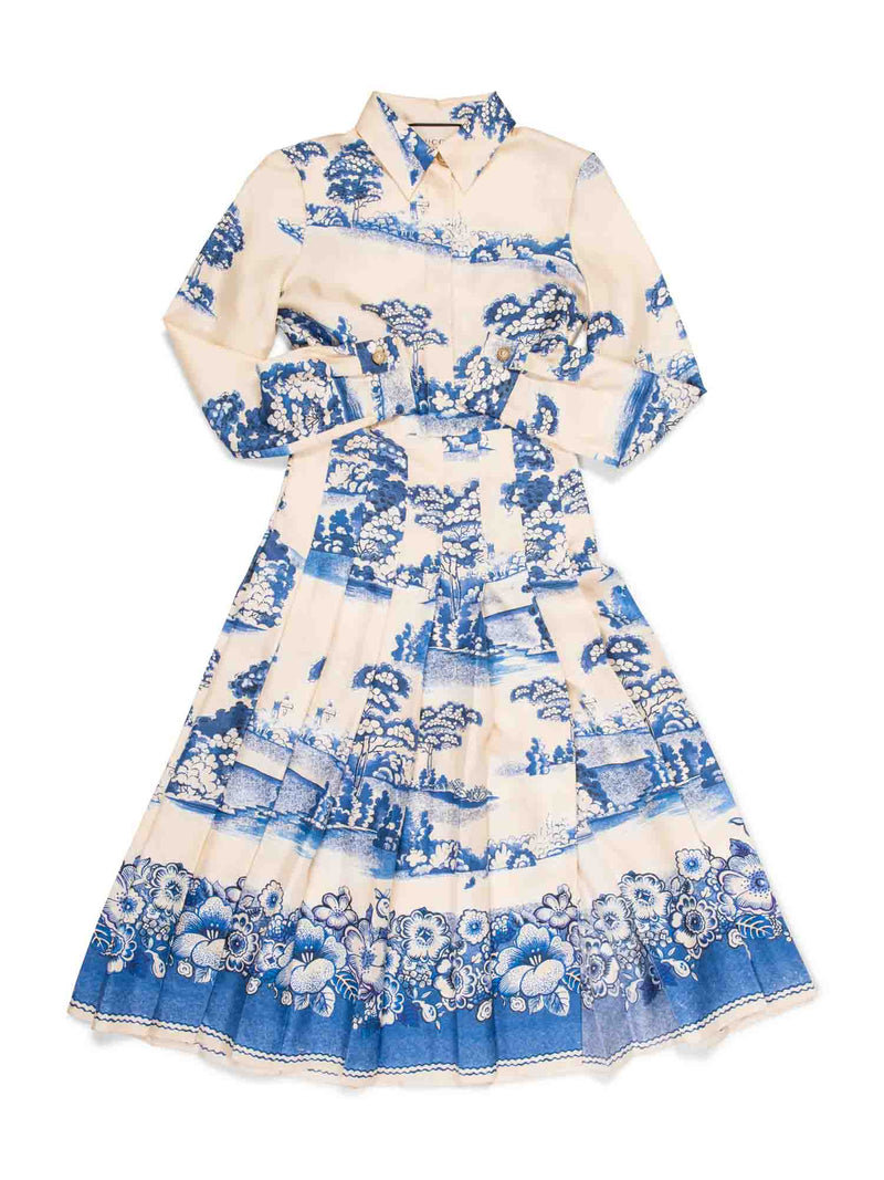 Gucci Logo Silk Pleated Porcelain Garden Midi Dress Ivory Blue-designer resale