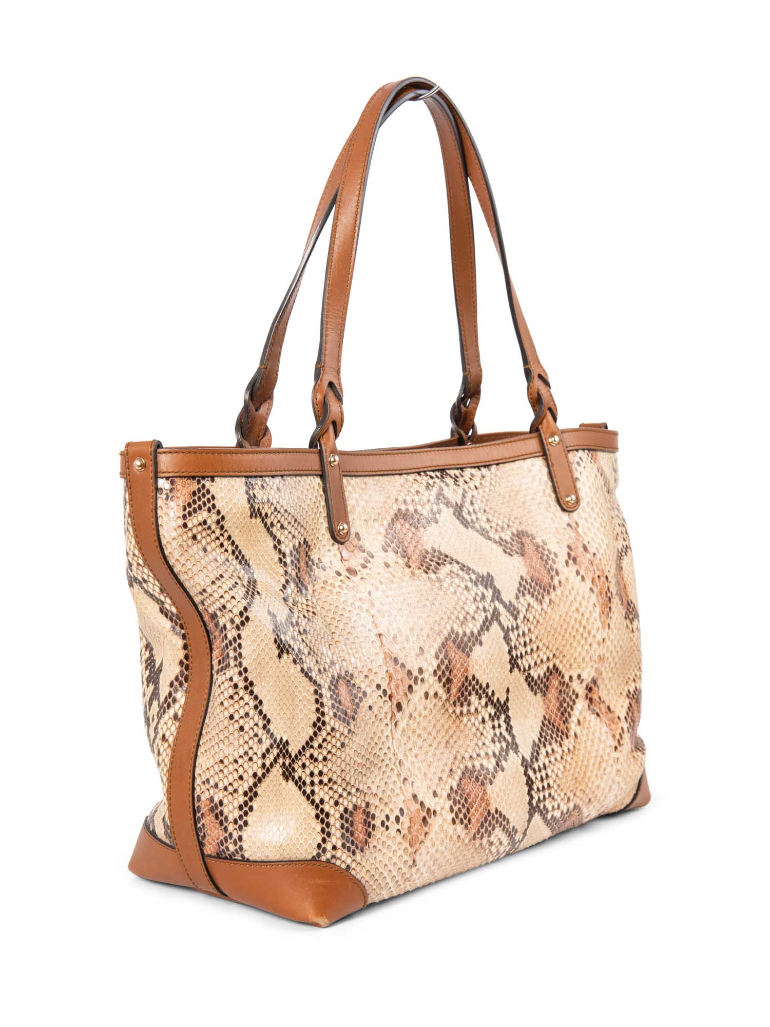 Gucci Shiny Snakeskin Keepall Tote Beige Brown-designer resale