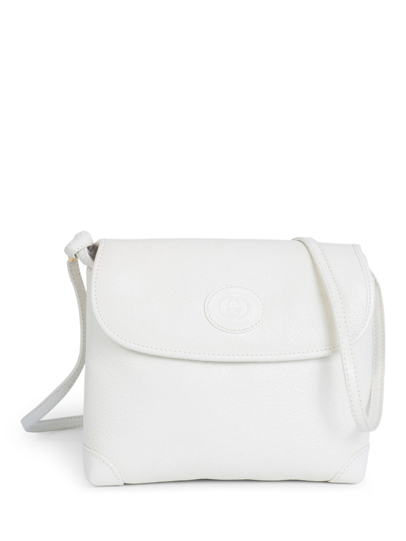 Gucci Vintage GG Logo Leather Messenger Flap Bag White-designer resale