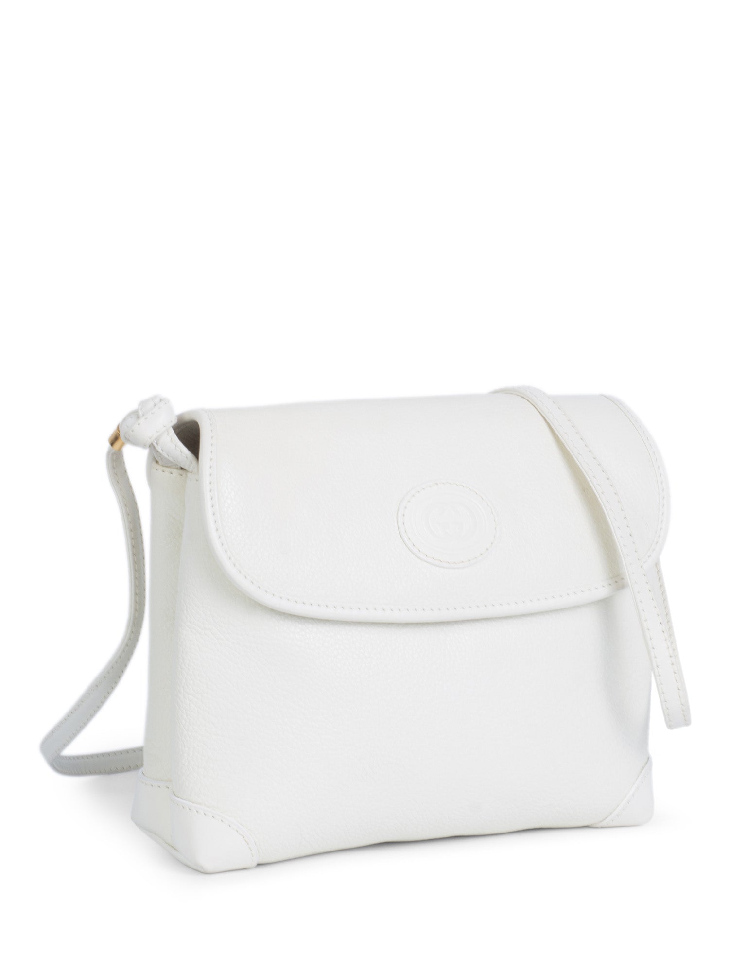 Gucci Vintage GG Logo Leather Messenger Flap Bag White-designer resale