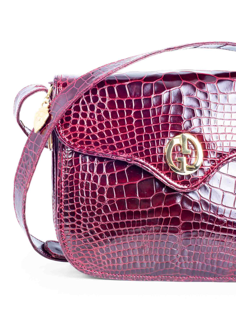 Gucci Vintage GG Shiny Crocodile Flap Messenger Bag Burgundy-designer resale