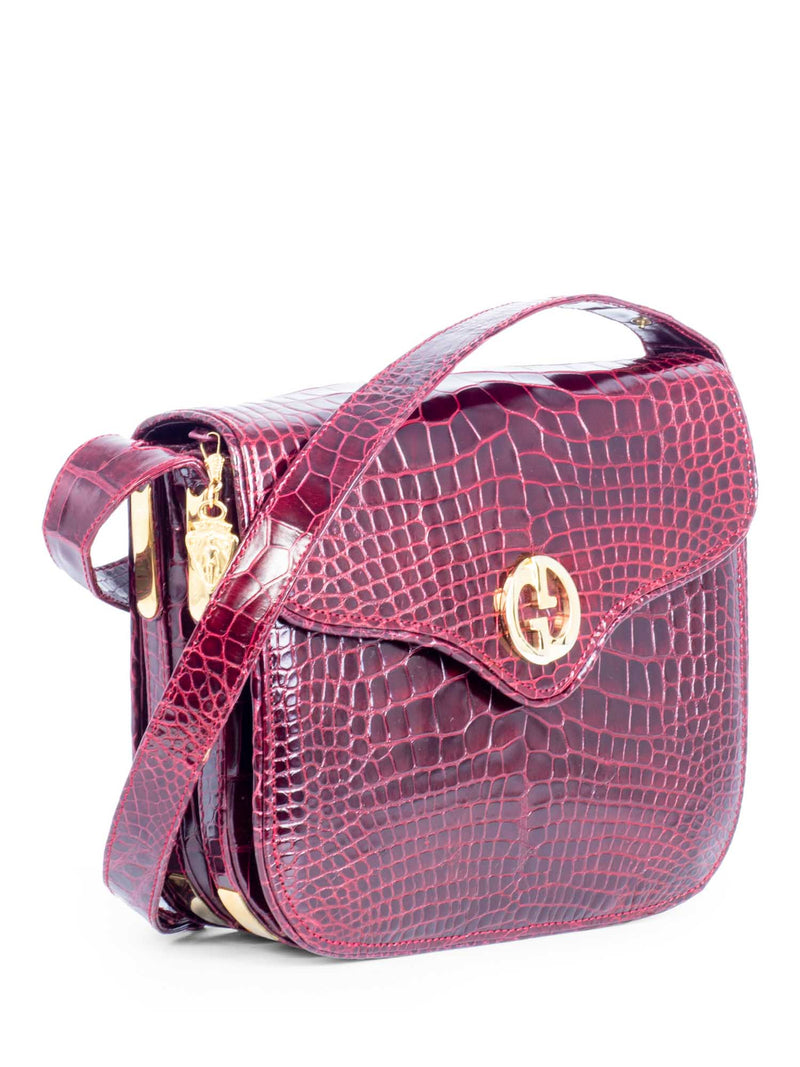 Gucci Vintage GG Shiny Crocodile Flap Messenger Bag Burgundy-designer resale