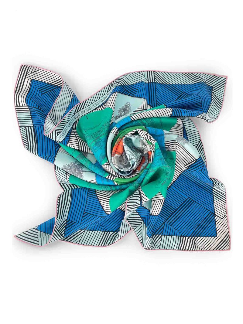 Hermes Logo Silk Jeu Des Omnibus Et Dames Blanches Scarf Multicolor