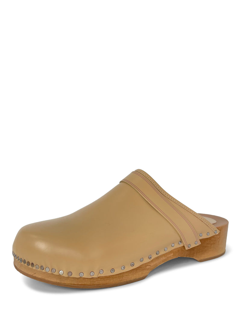 Isabel Marant Logo Leather Studded Clogs Beige