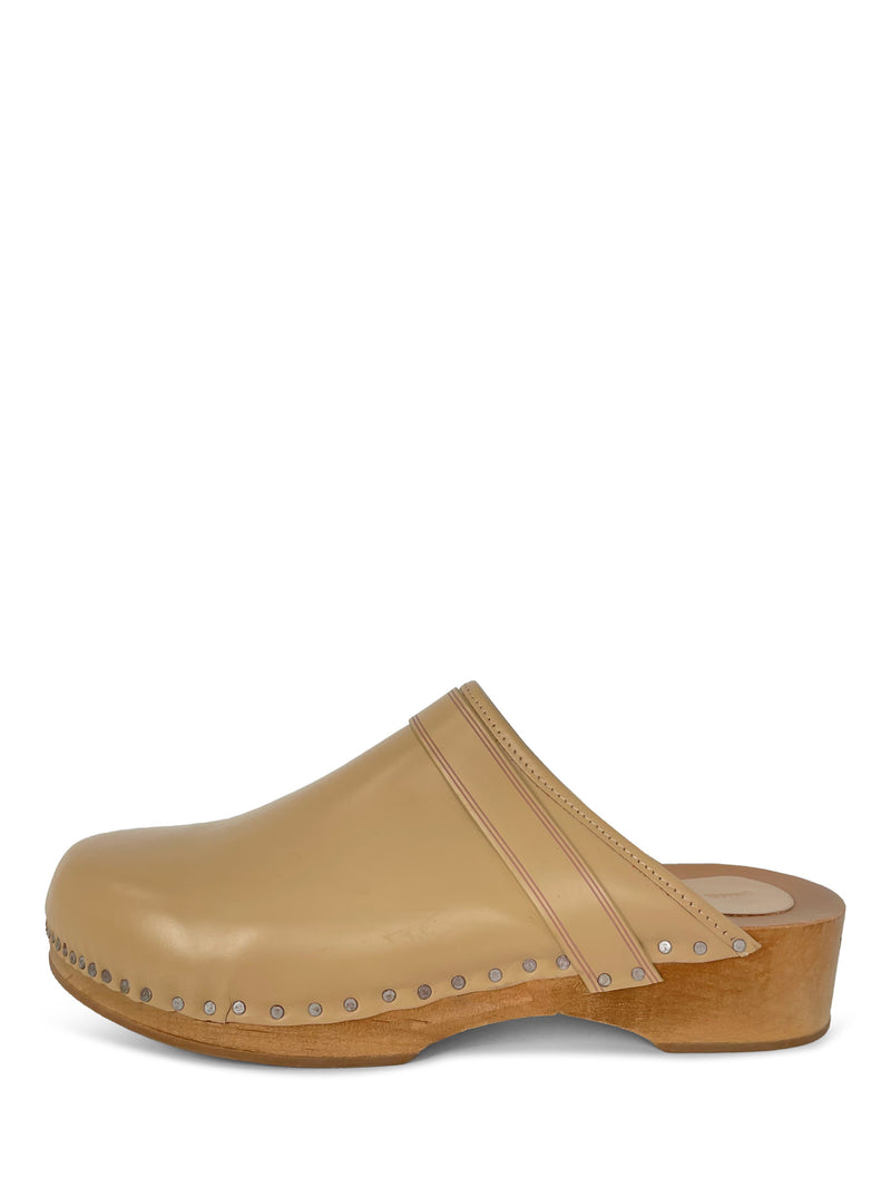 Isabel Marant Logo Leather Studded Clogs Beige