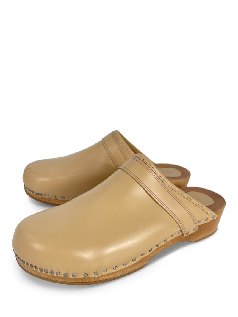 Isabel Marant Logo Leather Studded Clogs Beige