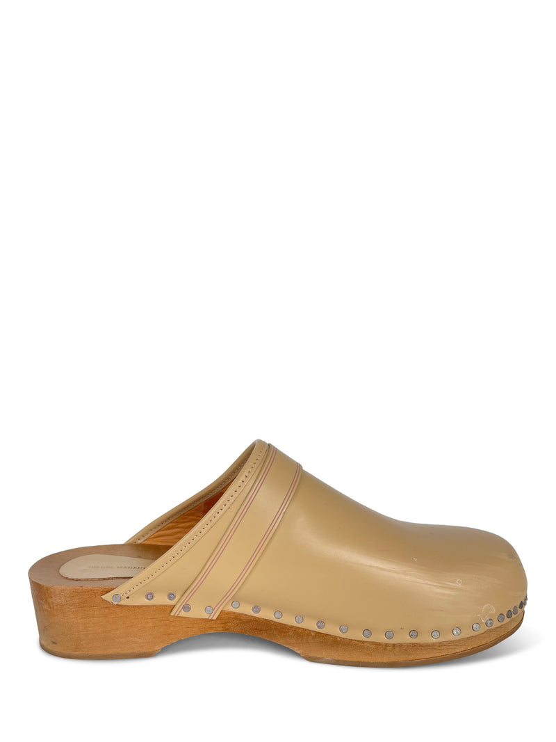 Isabel Marant Logo Leather Studded Clogs Beige