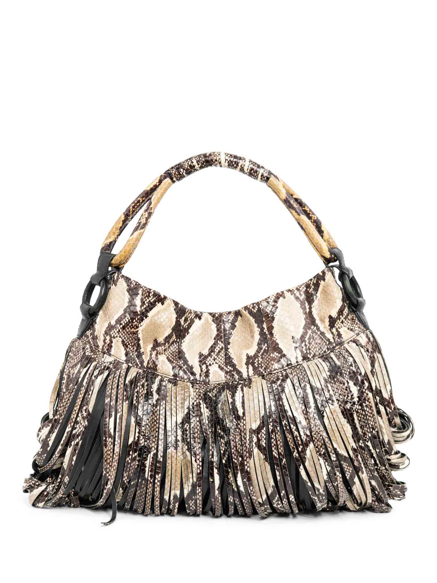 Katherine Kwei Snakeskin Fringe Top Handle Bag Beige