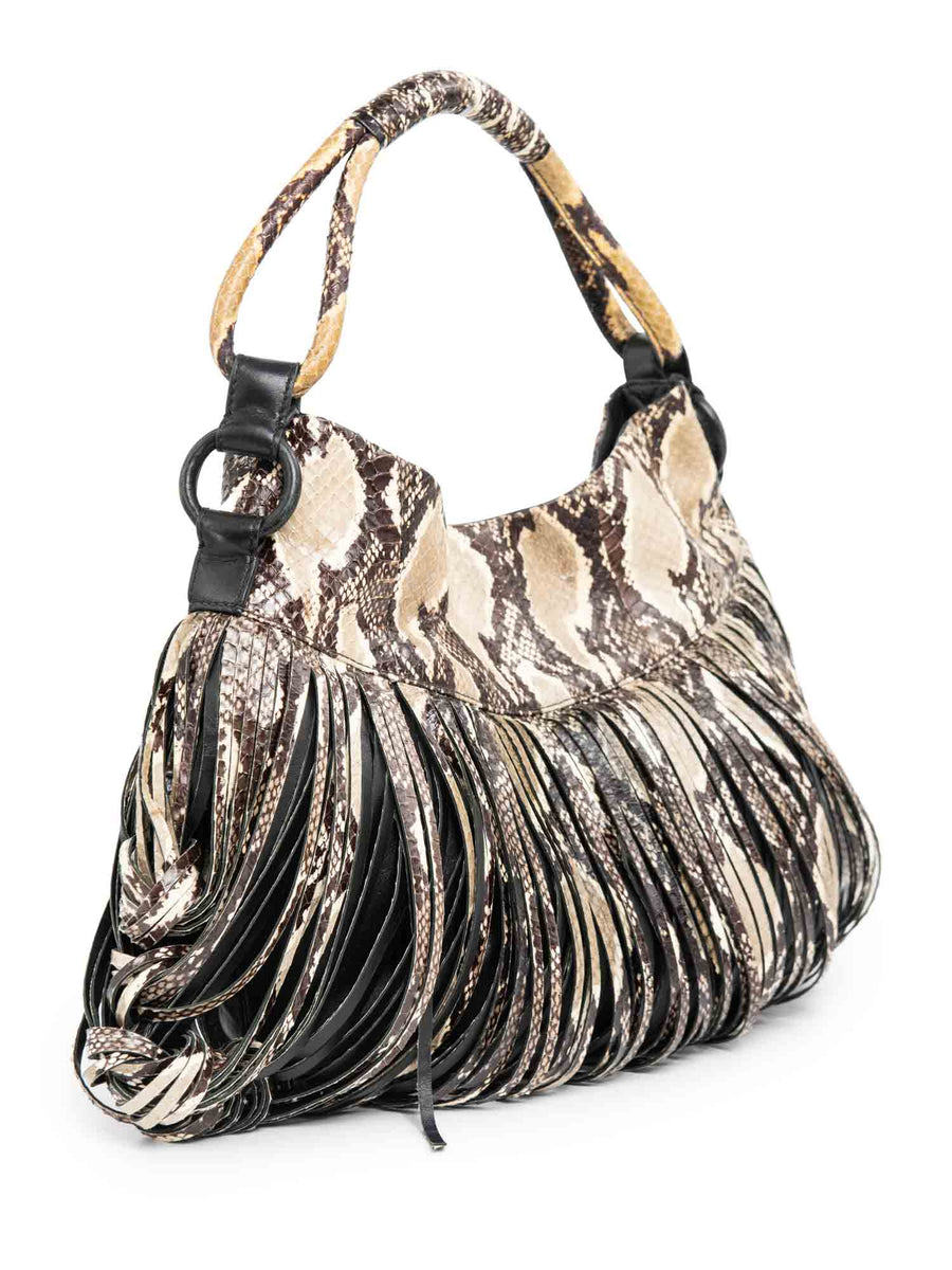 Katherine Kwei Snakeskin Fringe Top Handle Bag Beige